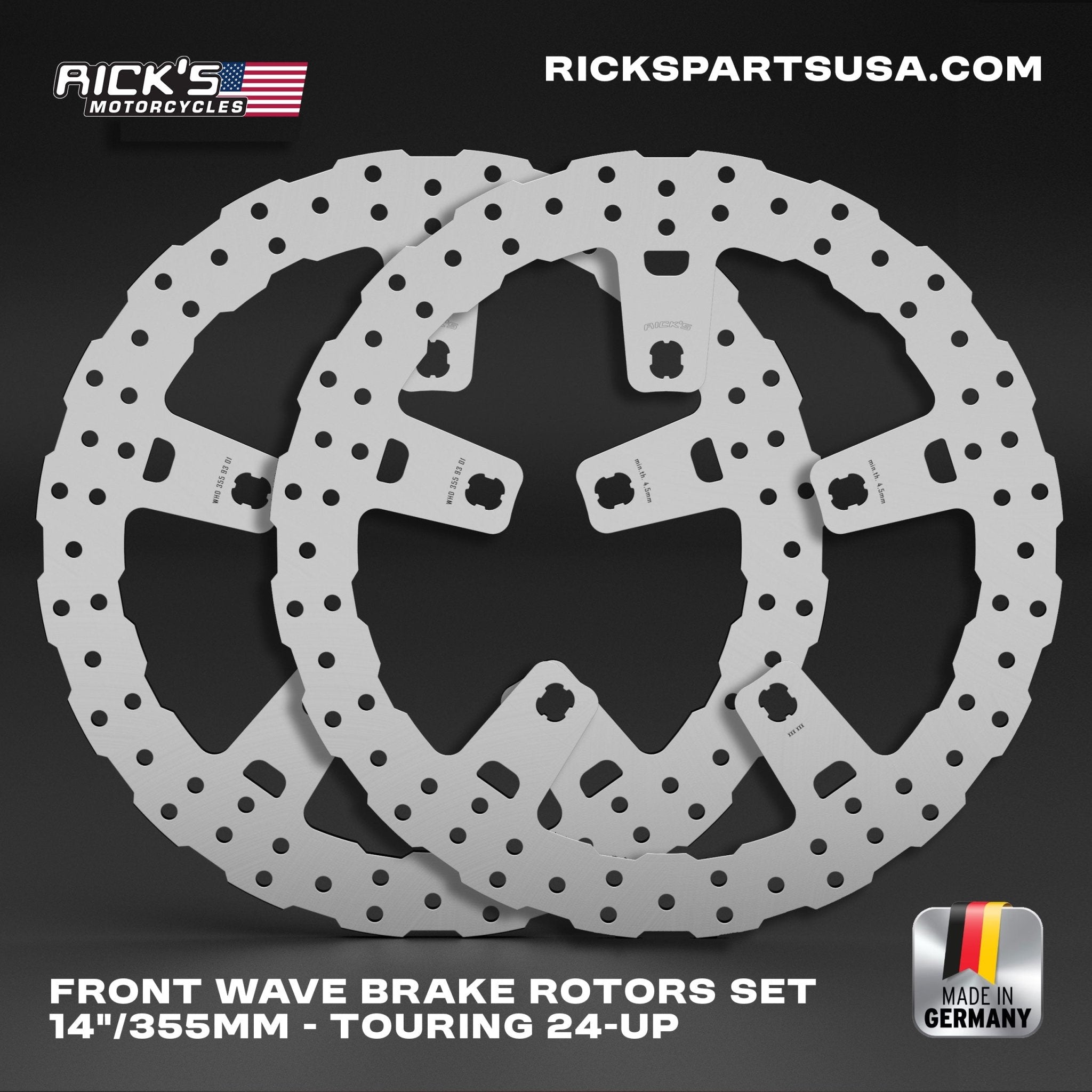 Rick's Front 14"/355mm Wave Brake Rotors Set (With Adaptors) - Touring 24 - up - Rick's Motorcycles USA - Custom Parts for Harley - Davidson